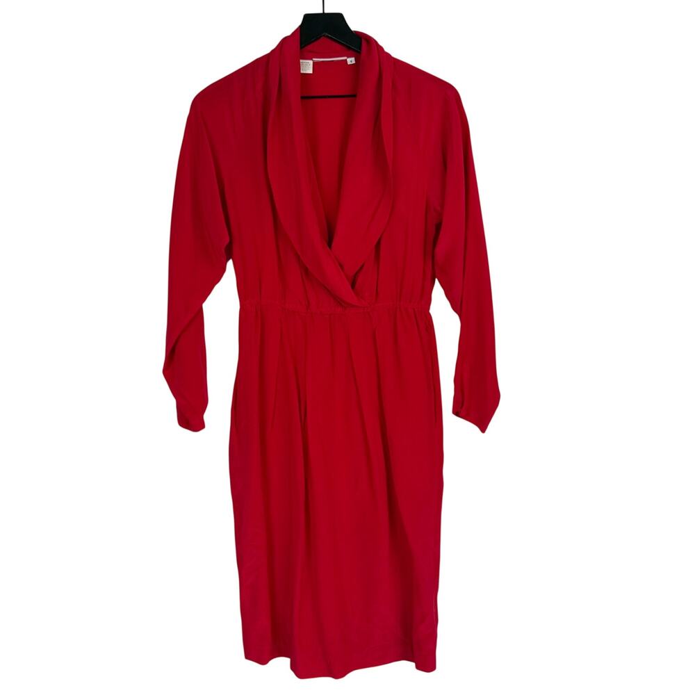 Vtg 80s Kenar 100% Silk Blouson VNeck Midi Dress Red w Pockets - 8 (Fits XS)